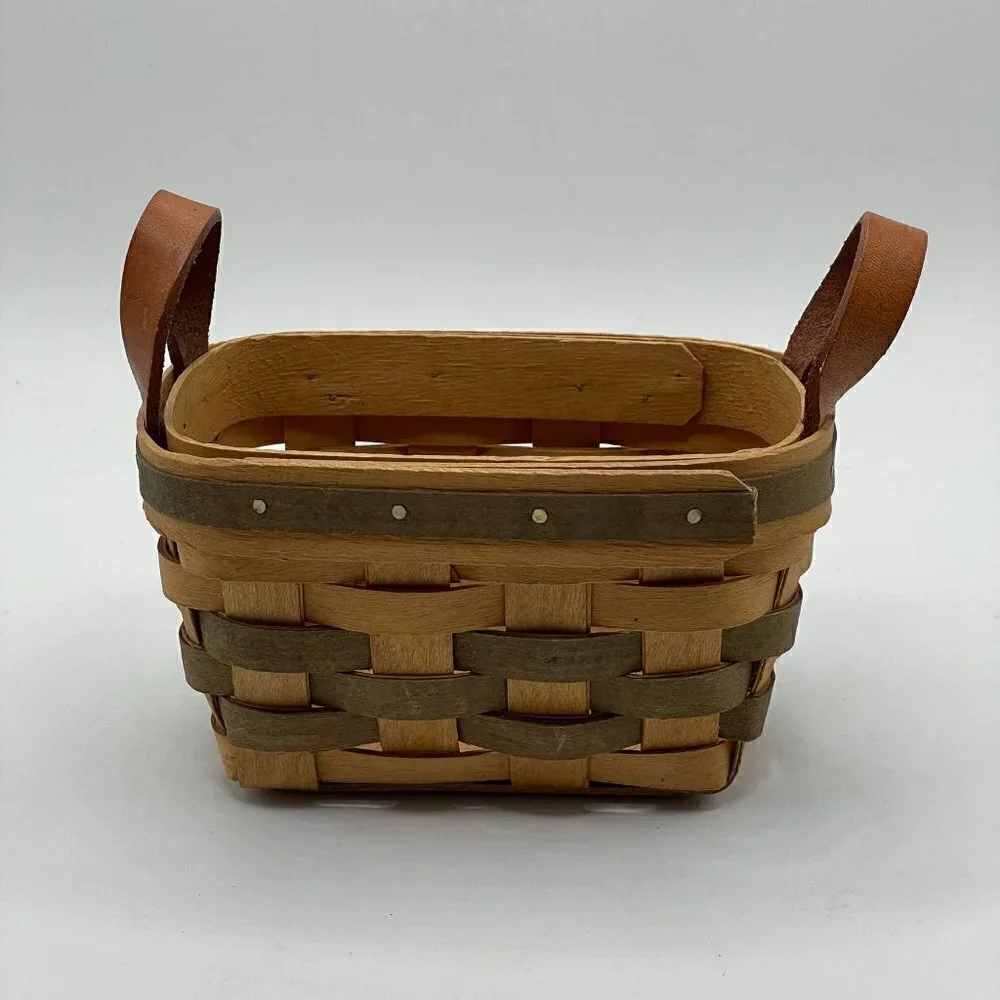 Bradford Basket Vintage Signed 1994 Handwoven Leather Handle Green Trim Basket